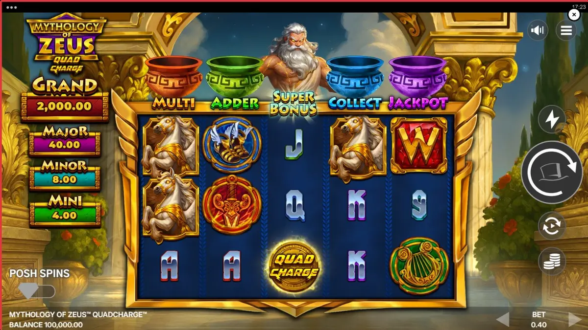 Ang Mythology of Zeus™ QUADCHARGE™ slot game na may temang Greek mythology at kidlat.