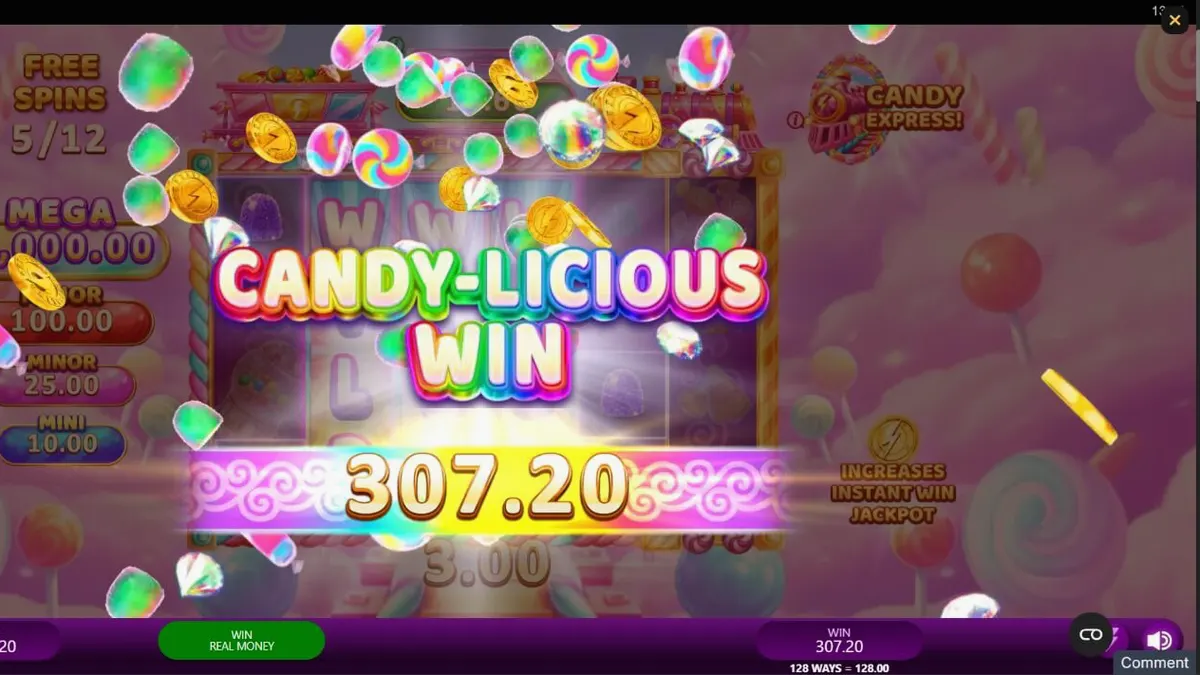 Makulay na visual ng Candy Express Gold Blitz slot na may mga kendi at tren.