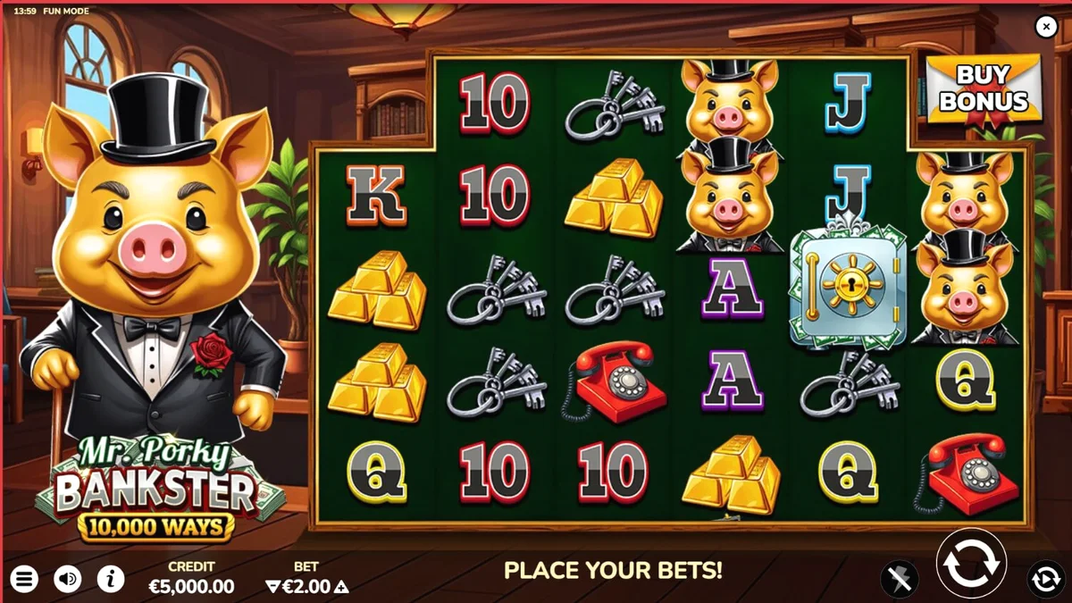 Mr. Porky Bankster 10,000 Ways slot game screen na nagpapakita ng mga simbolo ng pera at gintong baboy.